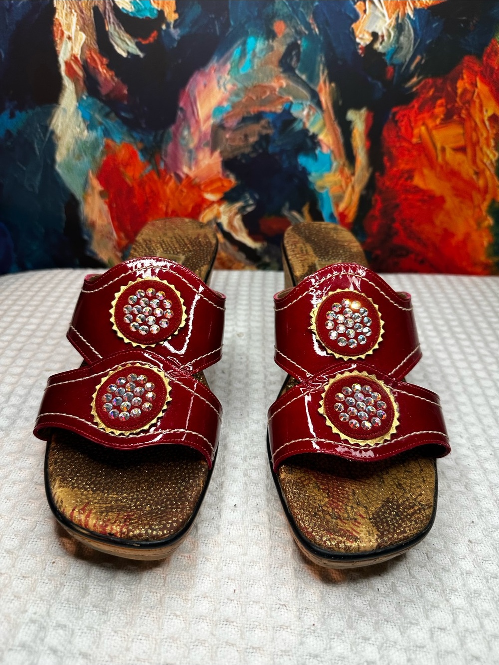 No. 73 Dezario Red Patent Leather Rhinestone Wedge Sandals Size 40